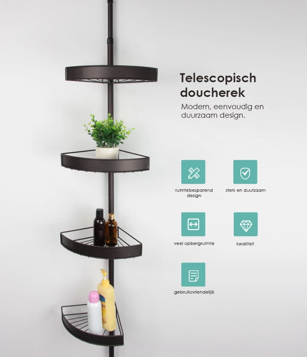 PROSIN® Telescopisch Doucherek - Shower Rack - Shower Caddy - Mat Zwart - Verstelbaar 108-274cm - 4 Lagen - Badkamerrek - Hoekrek - Opbergrek - Keukenrek - Kruidenrek - Keukenrek Staand 3 PROSIN® Telescopisch Doucherek - Shower Rack - Shower Caddy - Mat Zwart - Verstelbaar 108-274cm - 4 Lagen - Badkamerrek - Hoekrek - Opbergrek - Keukenrek - Kruidenrek - Keukenrek Staand