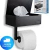 Toiletrolhouder Met Plankje En Bakje - WC Rolhouder Zwart - Opbergvak - Zelfklevend - Zonder Boren - RVS