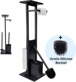 Mmoods Toiletbutler Zwart - WC Borstel Met Toiletrolhouder Vrijstaand - Toiletborstel Siliconen Industrieel Design Mmoods - Reserverolhouder Zonder Boren Staand Met Plankje RVS