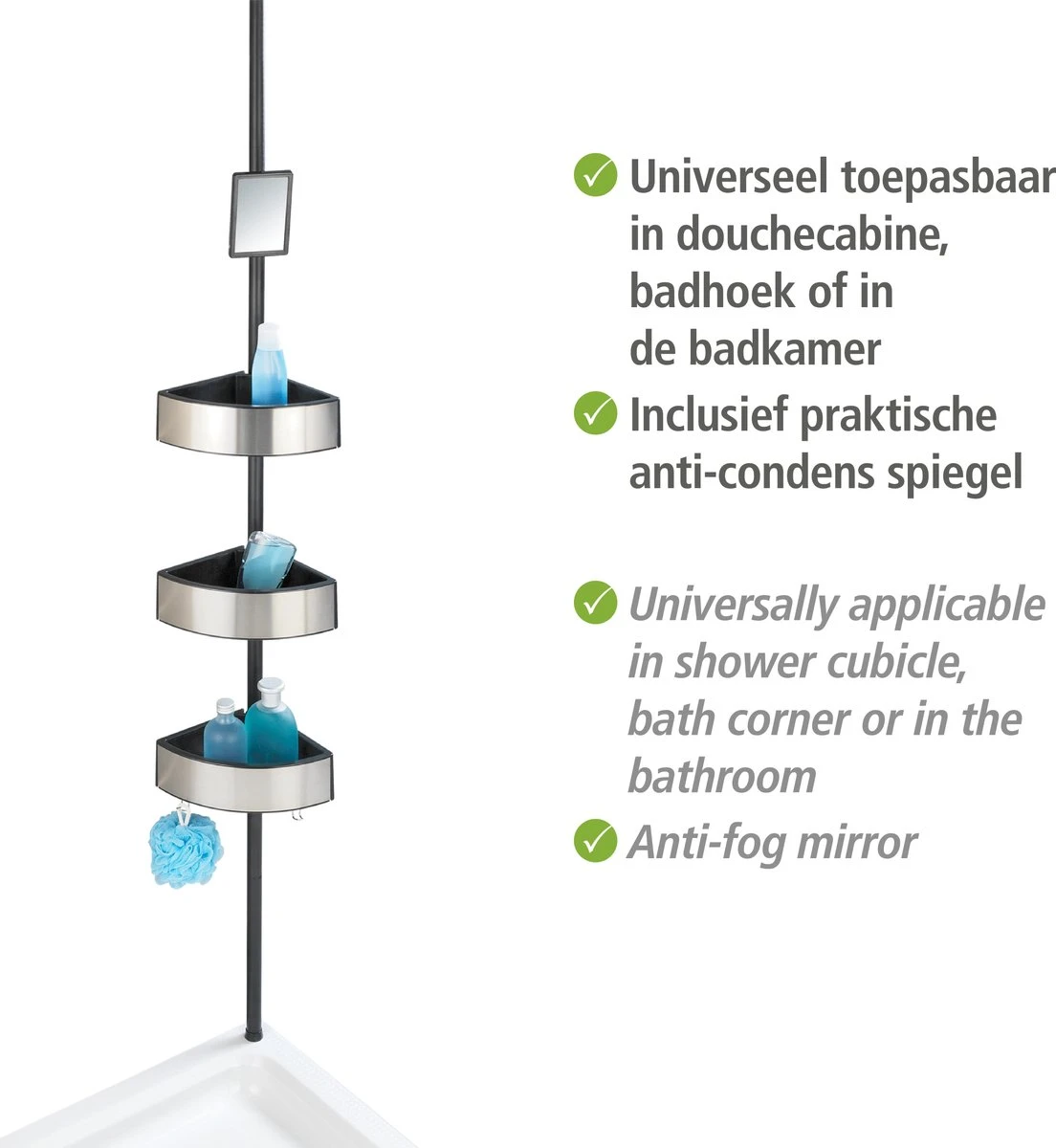 WENKO Telescopisch Doucherek Big Black 3-laags Met Spiegel Zilver/zwart - Bevestigen Zonder Boren 6 WENKO Telescopisch Doucherek Big Black 3-laags Met Spiegel Zilver/zwart - Bevestigen Zonder Boren - Afbeelding 4