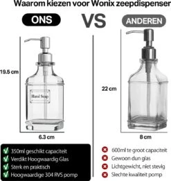 Wonix® - Zeepdispenser - Zeeppompje - Transparant Glas - RVS Pompkop - Met Stickers - 350ml - 2 Stuks -Badkamer Product Winkel 1136x1200