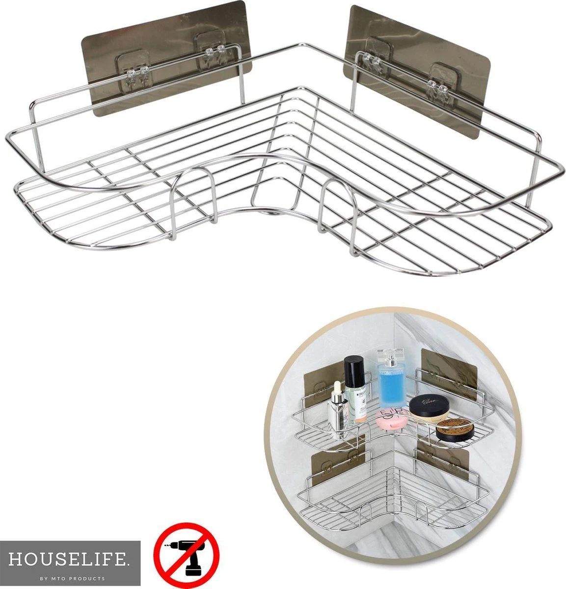 Doucherek Zonder Boren - RVS - Zelfklevend Doucherekje - Hangend – Hoek – Inclusief 2 Muurstickers 3 Doucherek Zonder Boren - RVS - Zelfklevend Doucherekje - Hangend – Hoek – Inclusief 2 Muurstickers