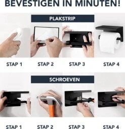 Toiletrolhouder Met Plankje - Zelfklevend Of Boren - WC Rolhouder - Incl. Handdoekhaakjes - Zwart -Badkamer Product Winkel 1167x1200
