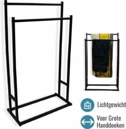 Mmoods XL Handdoekrek 2 Baren Badkamer Zwart - 25 X 50 X 86 Cm - Handdoekenrek Staand Keuken - Handdoekhouder Vrijstaand 2 Dragers