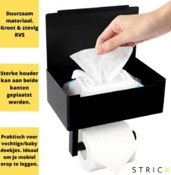 STRICX Toiletrolhouder - Zwart - Zonder Boren - Toilet Rol Houder Tissuebox - Zelfklevend - WC Rolhouder Met Opbergvak Voor Babydoekjes - Met Plankje - Toiletaccessoires -Badkamer Product Winkel 1178x1200