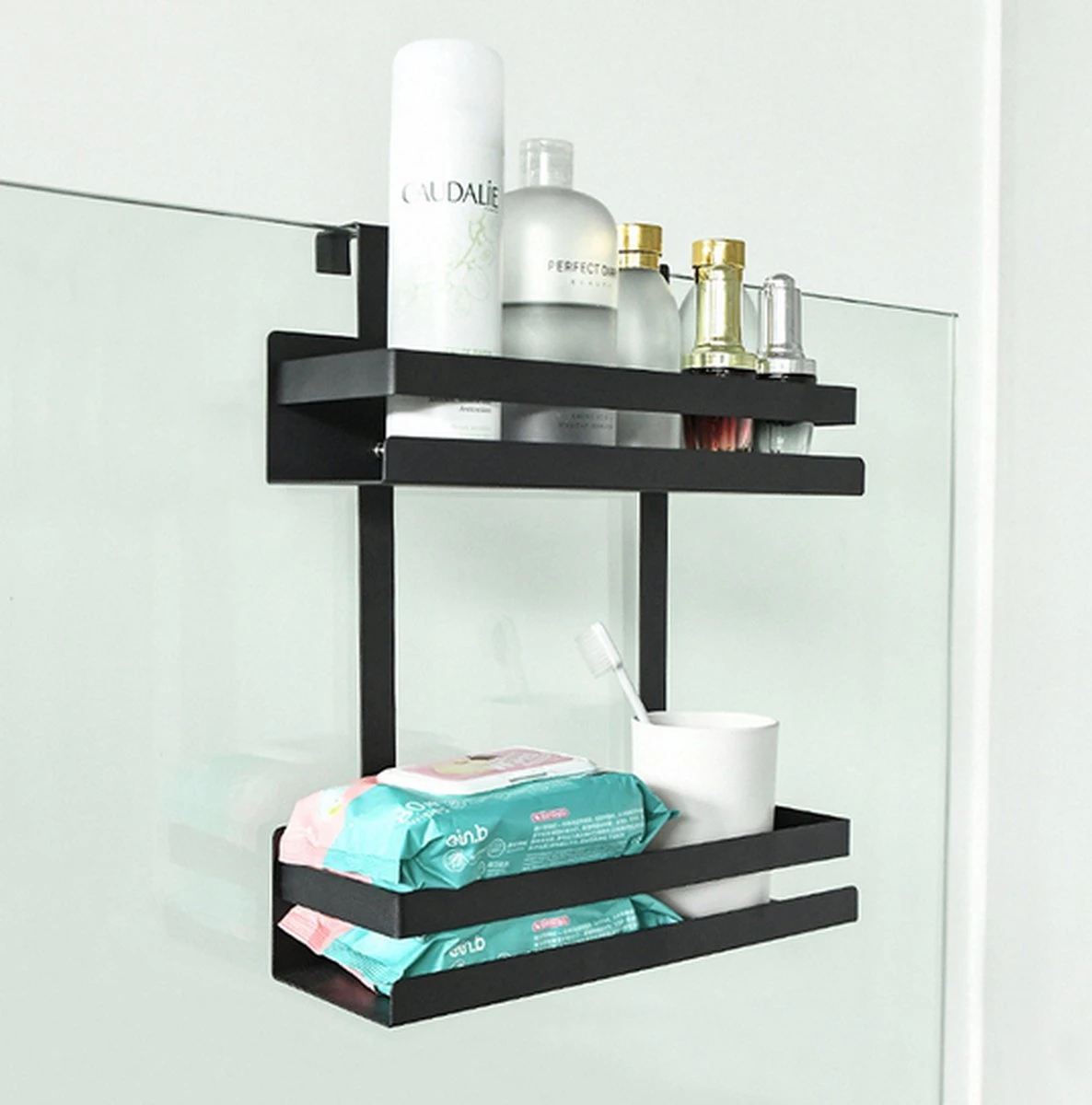 Doucherek Hangend - Ophangbaar Doucherek Matzwart - Twee Lagen - Badkamerrek - Doucherek Zonder Boren - 2 Laags - Badkamer Accessoires 14 Doucherek Hangend - Ophangbaar Doucherek Matzwart - Twee Lagen - Badkamerrek - Doucherek Zonder Boren - 2 Laags - Badkamer Accessoires - Afbeelding 12