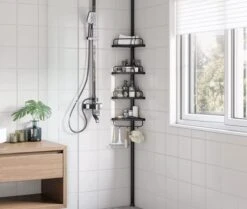 Verstelbaar Doucherek - 85-305 Cm - Van Vloer Tot Plafond - Met 4 Vakken - 3 Haken - Zwart -Badkamer Product Winkel 1200x1017 1