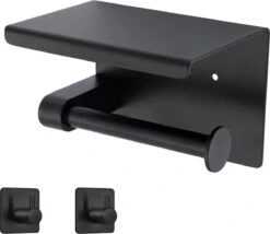 Toiletrolhouder Met Plankje - Zelfklevend Of Boren - WC Rolhouder - Incl. Handdoekhaakjes - Zwart -Badkamer Product Winkel 1200x1041