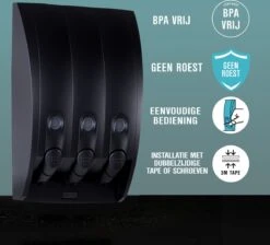 Aquathof, Zeepdispenser, Mat Zwart, 3 Kamer, 3 Reservoirs, 3x350ml, Hangend, Wandmontage -Badkamer Product Winkel 1200x1089 3