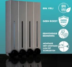 Aquathof, Zeepdispenser, RVS Kleur, 4 Kamer, 4 Reservoirs, 4x500ml, Hangend - Wandmontage -Badkamer Product Winkel 1200x1133 3