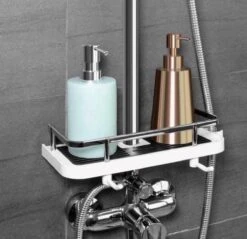 Merkloos Doucherek Zonder Boren –Douchemand- Badkamerrek-Doucheplank- Badkamer Organiser- Doucherek Hangend-Doucherek Zwart – Doucherek Hangend – Badkamer Organizer – Douche Organizer - Doucherekje - Doucherekje Zonder Boren-Zilver-Zwart-Wit -Badkamer Product Winkel 1200x1163 7