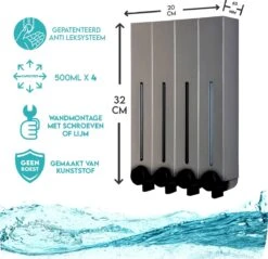 Aquathof, Zeepdispenser, RVS Kleur, 4 Kamer, 4 Reservoirs, 4x500ml, Hangend - Wandmontage -Badkamer Product Winkel 1200x1163 8