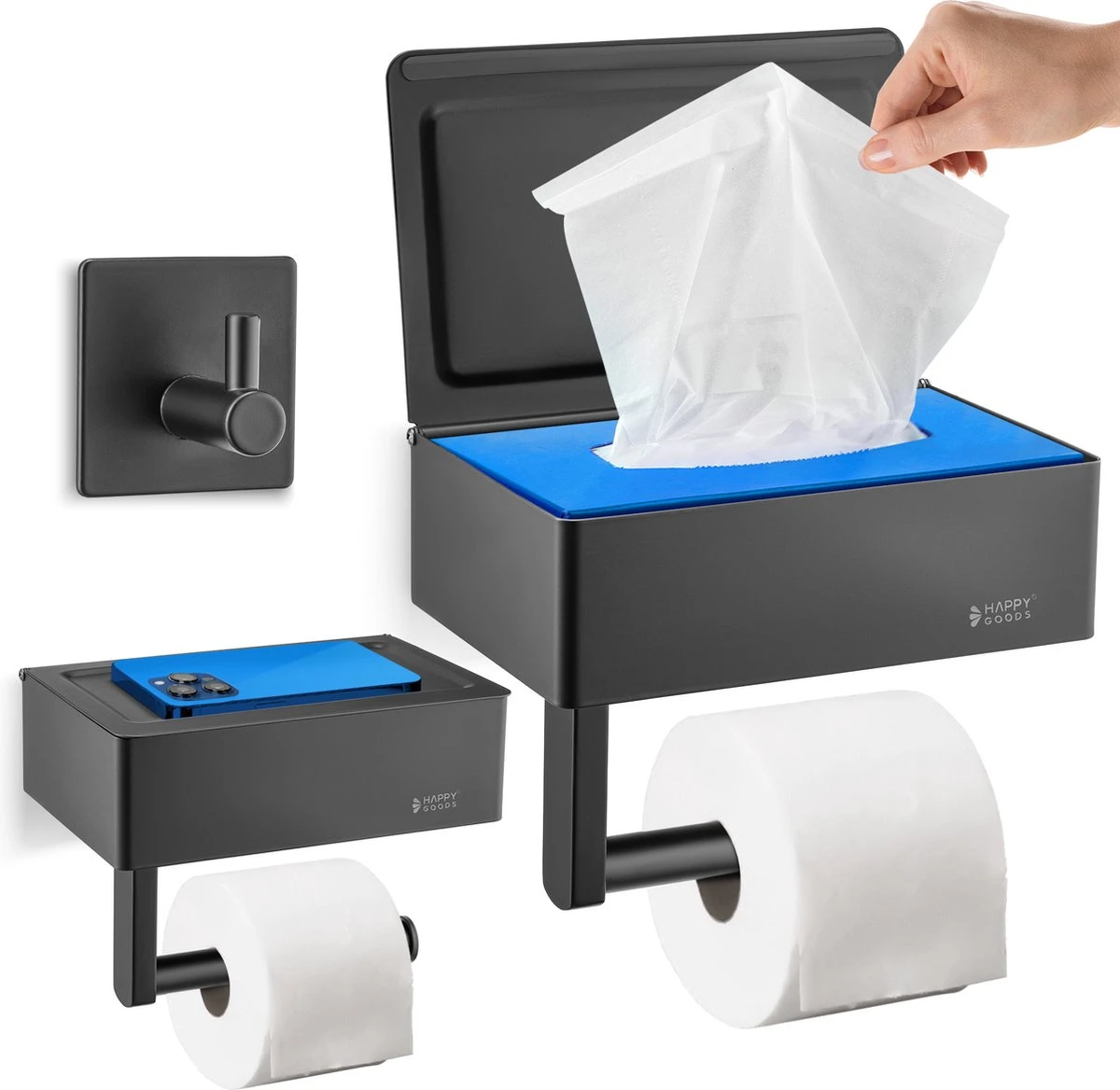 Happy Goods - WC Rolhouder Zonder Boren Zwart - Toiletrolhouder Met Plankje En Bakje RVS - Met Handdoekhaakje 2 Happy Goods - WC Rolhouder Zonder Boren Zwart - Toiletrolhouder Met Plankje En Bakje RVS - Met Handdoekhaakje