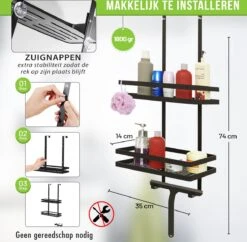 Doucherek Zonder Boren Inclusief Douchewisser - Aan Douchewand - Zwart - Ophangbaar - Zuignap - 2 Laags - Wiper - Shower Rack - Valentijnsdag Cadeau -Badkamer Product Winkel 1200x1175 10