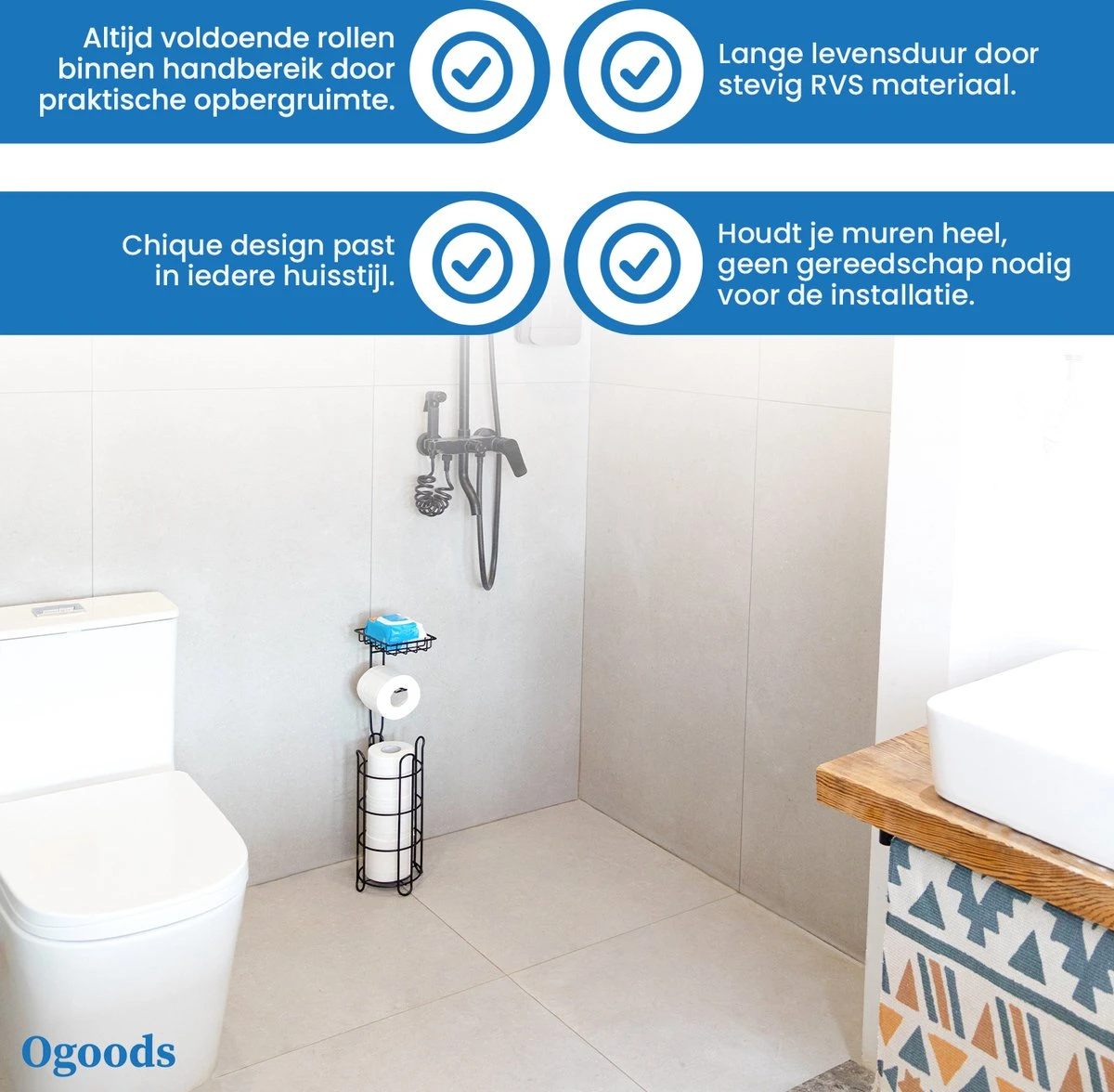 Ogoods Praktische WC Rolhouder – RVS Toiletrolhouder Staand – Rolhouder – Zonder Boren - Toiletrolstandaard - Zwart 7 Ogoods Praktische WC Rolhouder – RVS Toiletrolhouder Staand – Rolhouder – Zonder Boren - Toiletrolstandaard - Zwart - Afbeelding 5