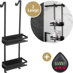 Merkloos Doucherek - Doucherek Zonder Boren - Doucherek Hangend - Zwart - RVS - Doucherekje - Badkamerrek - GRATIS DOUCHETIMER