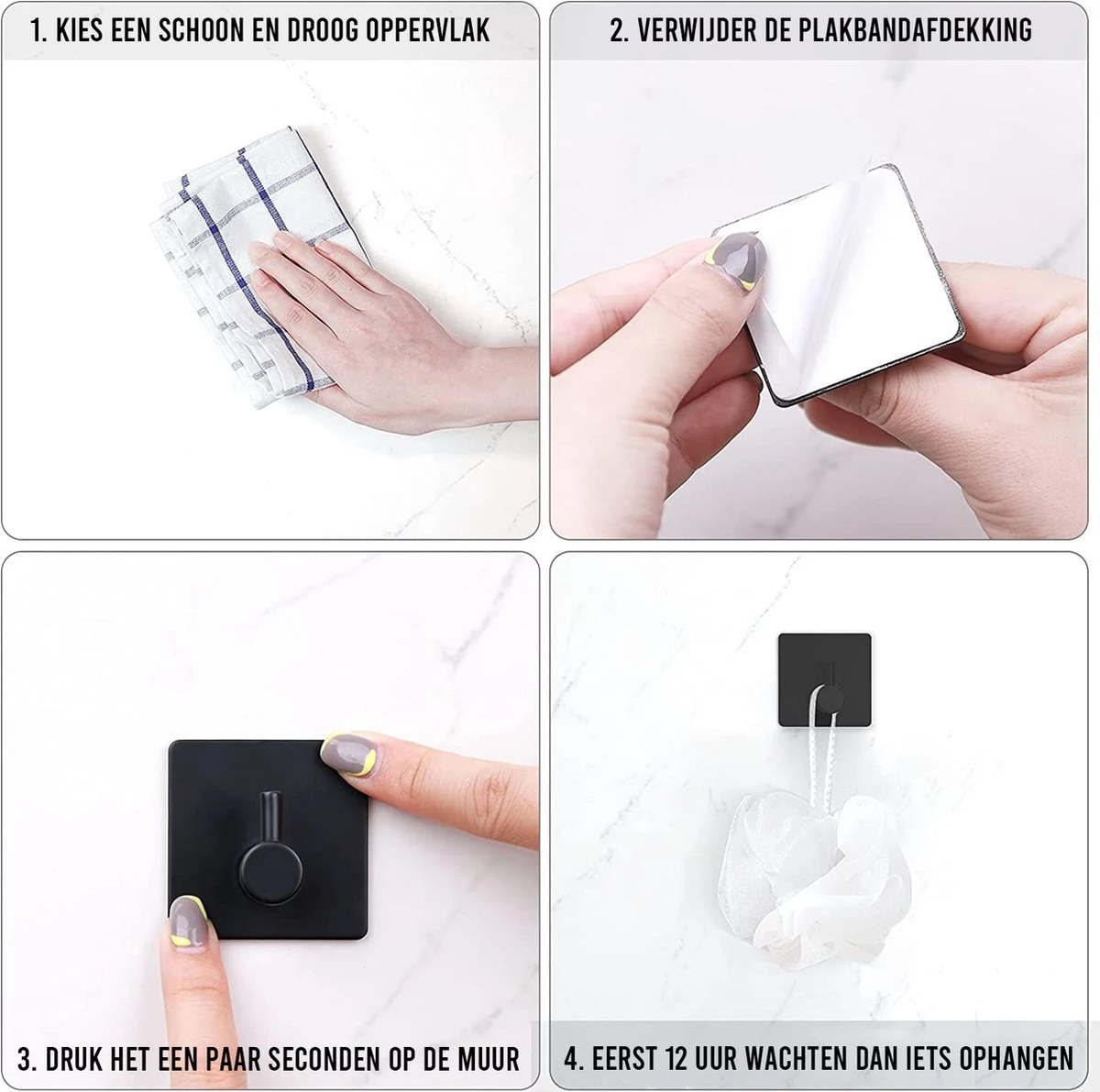 4x Zelfklevende Handdoekhaakjes Haakjes Ophanghaakjes Haken Zwart 4 4x Zelfklevende Handdoekhaakjes Haakjes Ophanghaakjes Haken Zwart - Afbeelding 2