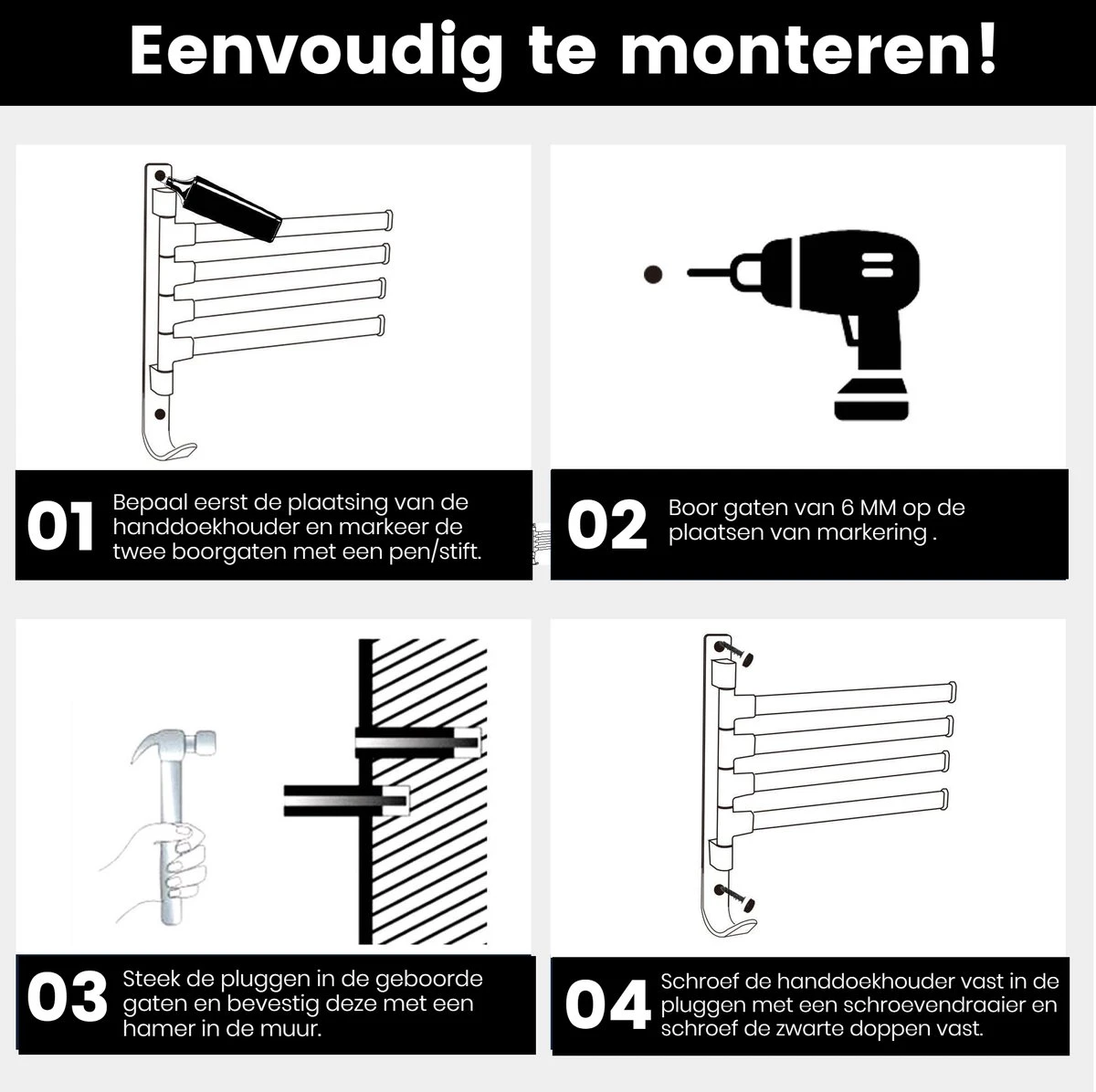 Tolussa Handdoekrek Badkamer Zwart - 30 CM - Handdoekhouder Zwart - Handdoekenrek Badkamer - Draaibaar 11 Tolussa Handdoekrek Badkamer Zwart - 30 CM - Handdoekhouder Zwart - Handdoekenrek Badkamer - Draaibaar - Afbeelding 9