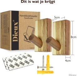 Dieux® - Luxe Handdoekhaakjes Zelfklevend - Handdoekhouder - Wandhaak - Acaciahout Haken - Zelfklevende Haakjes - Handdoeken - Handdoekrek - Badkamer - Keuken - Pasen -Badkamer Product Winkel 1200x1196 6