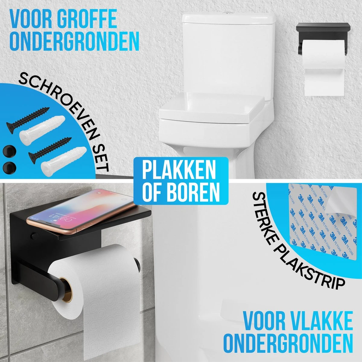 Strex WC Rolhouder Met Plankje - Zwart - Zelfklevend / Boren / Zonder Boren - Toiletrolhouder - WC Papier Houder 4 Strex WC Rolhouder Met Plankje - Zwart - Zelfklevend / Boren / Zonder Boren - Toiletrolhouder - WC Papier Houder - Afbeelding 3