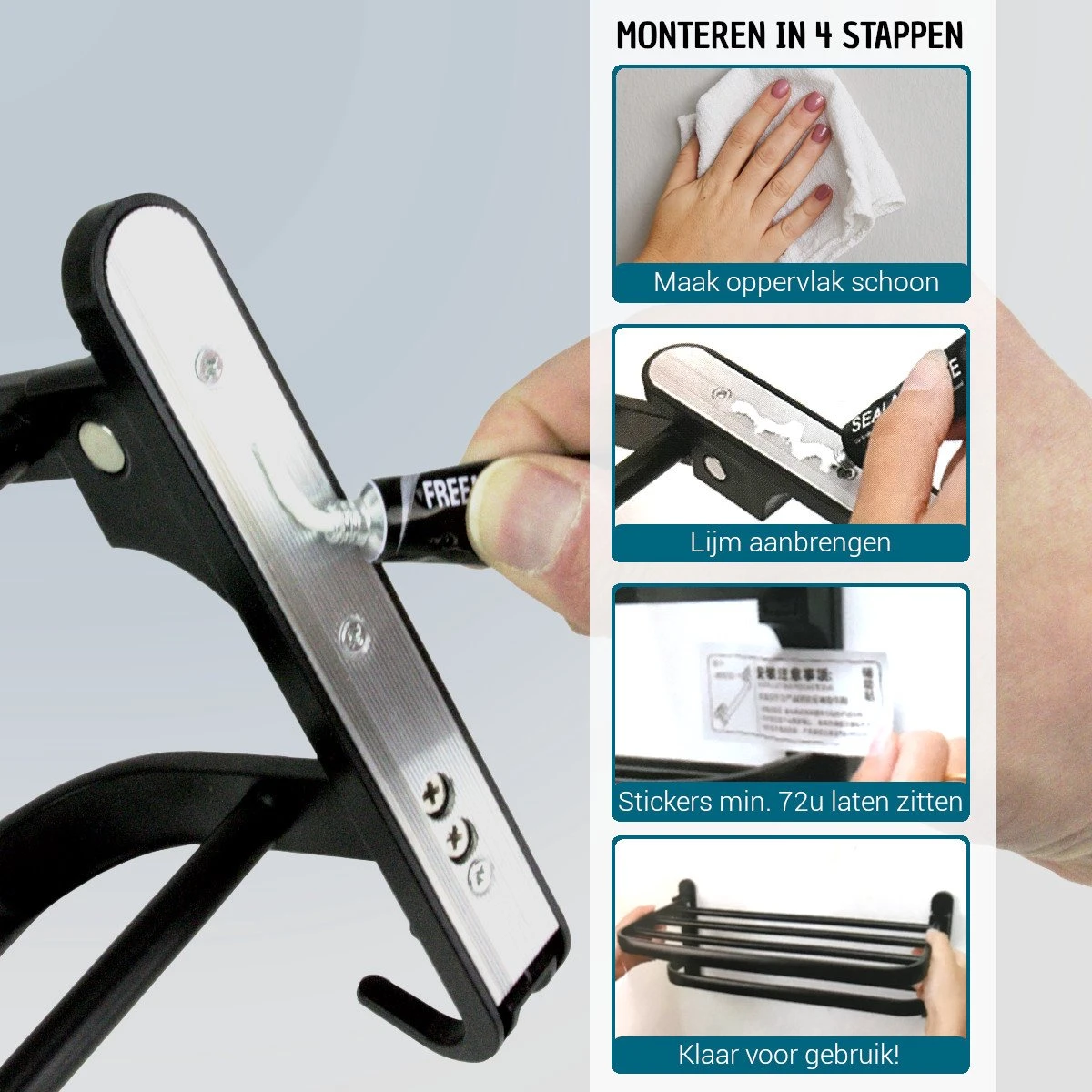 Vannons - Handdoekrek - Handdoekrek Badkamer - 2 Handdoeken - Handdoekrek Zelfklevend - Zwart 10 Vannons - Handdoekrek - Handdoekrek Badkamer - 2 Handdoeken - Handdoekrek Zelfklevend - Zwart - Afbeelding 8