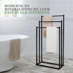 MIRI Handdoekrek – Handdoekhouder – Vrijstaand – Zwart – Staand – Metaal – 3 Rails – Zonder Boren – Badkamer / Keuken -Badkamer Product Winkel 1200x1200 1036