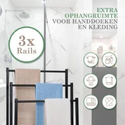 MIRI Handdoekrek – Handdoekhouder – Vrijstaand – Zwart – Staand – Metaal – 3 Rails – Zonder Boren – Badkamer / Keuken -Badkamer Product Winkel 1200x1200 1038