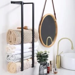 Handdoekrek - 70 Cm - RVS - Handdoekhouder BaderiQ Paris Large - MODEL 2023 - Schroeven Of Plakken - Handdoekenhouders - Handdoekhaak - Handdoek Organizer - Rvs Mat Zwart Poedercoating - Large H70xB20xD14 - Ook Beschikbaar In 40 Cm -Badkamer Product Winkel 1200x1200 1049