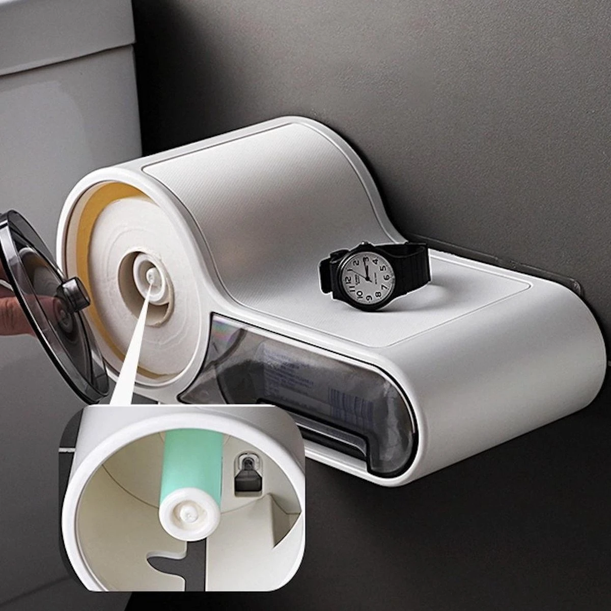 Merkloos Decopatent® Design Toiletrolhouder Met Lade & Leg Plankje - Zonder Boren - Hangende Toiletpapierhouder - Toilet Wc Rol Houder 9 Merkloos Decopatent® Design Toiletrolhouder Met Lade & Leg Plankje - Zonder Boren - Hangende Toiletpapierhouder - Toilet Wc Rol Houder - Afbeelding 7