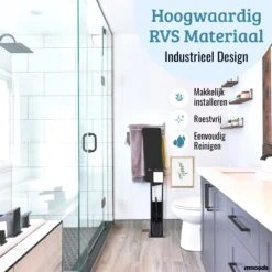 Mmoods Toiletbutler Zwart - WC Borstel Met Toiletrolhouder Vrijstaand - Toiletborstel Siliconen Industrieel Design Mmoods - Reserverolhouder Zonder Boren Staand Met Plankje RVS -Badkamer Product Winkel 1200x1200 1267