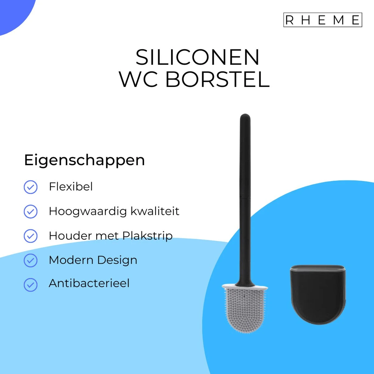 WC Borstel - Siliconen Borstel Met Houder - Hangend Met Plakstrip - Duurzaam Toilet Borstel - Zwart - Rheme 6 WC Borstel - Siliconen Borstel Met Houder - Hangend Met Plakstrip - Duurzaam Toilet Borstel - Zwart - Rheme - Afbeelding 4