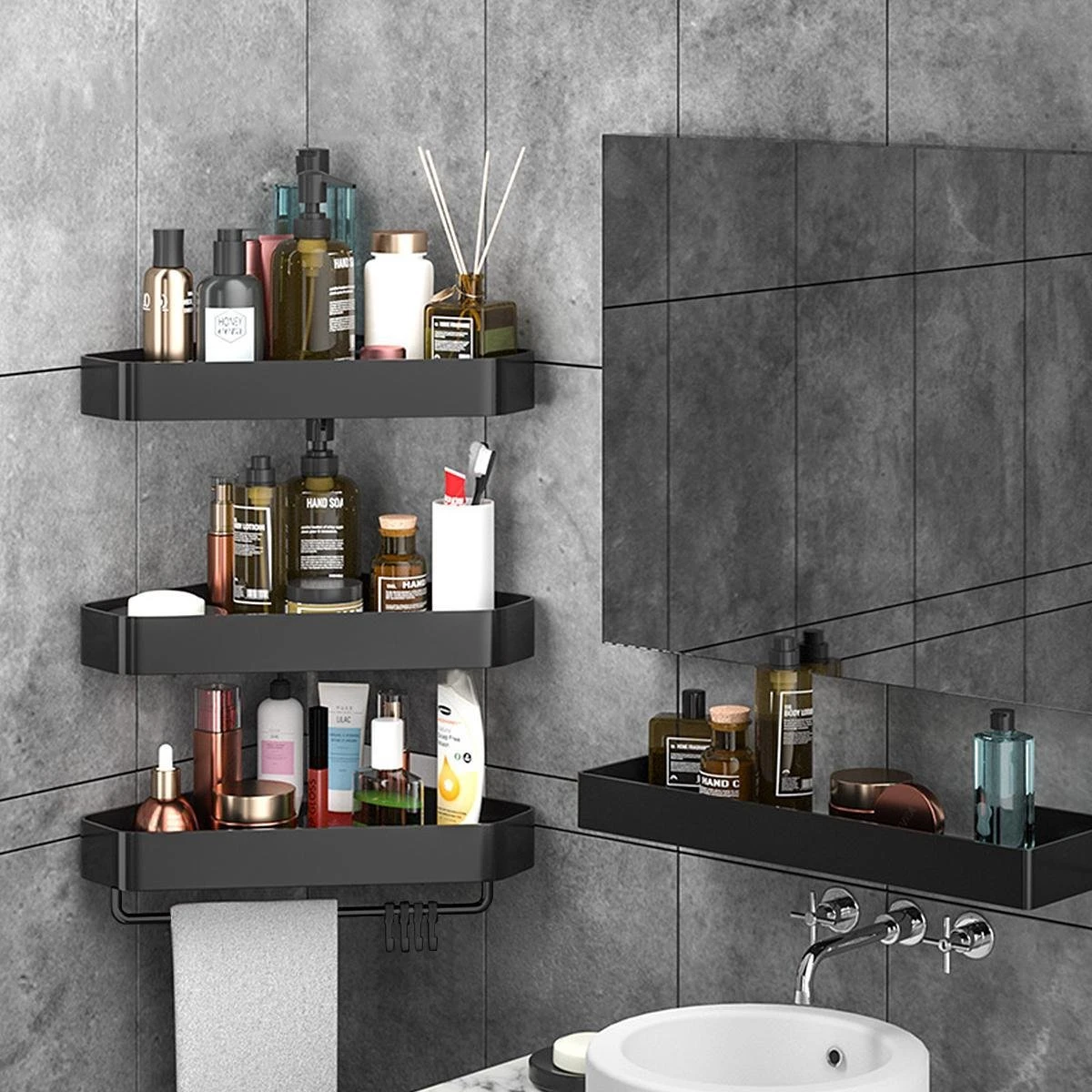 Cgoods Doucherek 2 Laags - Doucherek Zonder Boren - Doucherekje - Douchemandje - Badkamerrek - Badkamer Accessoires - Zwart 6 Cgoods Doucherek 2 Laags - Doucherek Zonder Boren - Doucherekje - Douchemandje - Badkamerrek - Badkamer Accessoires - Zwart - Afbeelding 5