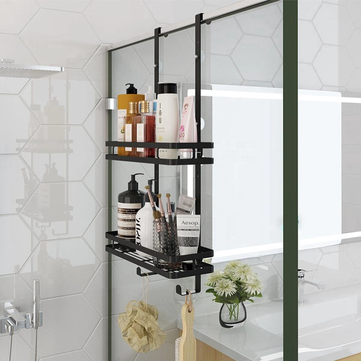 Souiri Doucherek - Stainless Doucherek - Zonder Boren - Doucherek Zwart - Doucherek Hangend - Badkamer Accessoires - RVS - 2 Laags 5 Souiri Doucherek - Stainless Doucherek - Zonder Boren - Doucherek Zwart - Doucherek Hangend - Badkamer Accessoires - RVS - 2 Laags - Afbeelding 3