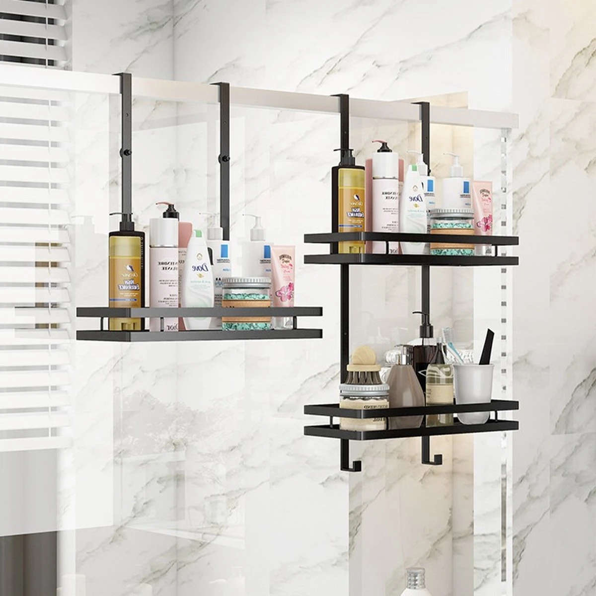 Souiri Doucherek - Stainless Doucherek - Zonder Boren - Doucherek Zwart - Doucherek Hangend - Badkamer Accessoires - RVS - 2 Laags 10 Souiri Doucherek - Stainless Doucherek - Zonder Boren - Doucherek Zwart - Doucherek Hangend - Badkamer Accessoires - RVS - 2 Laags - Afbeelding 8