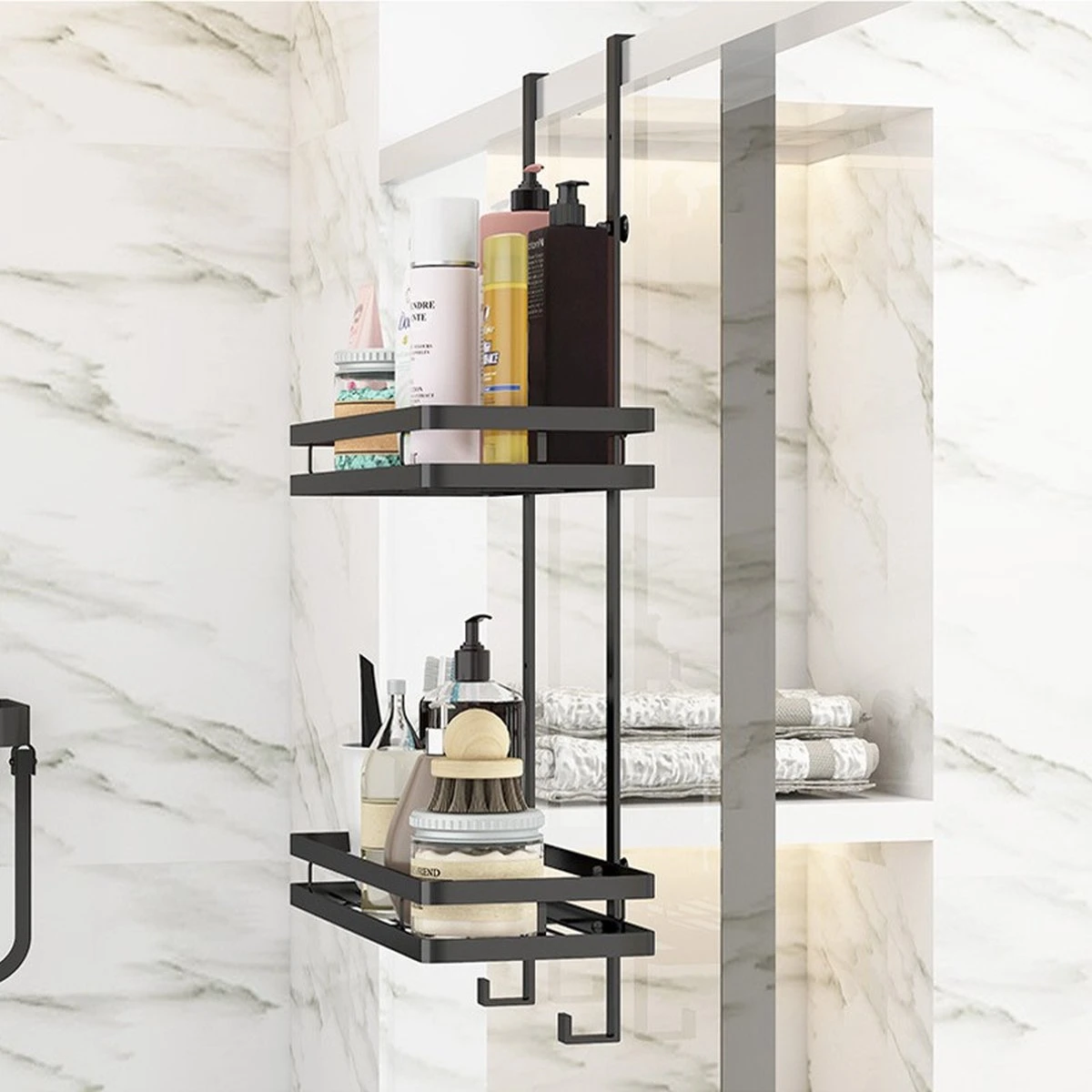 Souiri Doucherek - Stainless Doucherek - Zonder Boren - Doucherek Zwart - Doucherek Hangend - Badkamer Accessoires - RVS - 2 Laags 11 Souiri Doucherek - Stainless Doucherek - Zonder Boren - Doucherek Zwart - Doucherek Hangend - Badkamer Accessoires - RVS - 2 Laags - Afbeelding 9