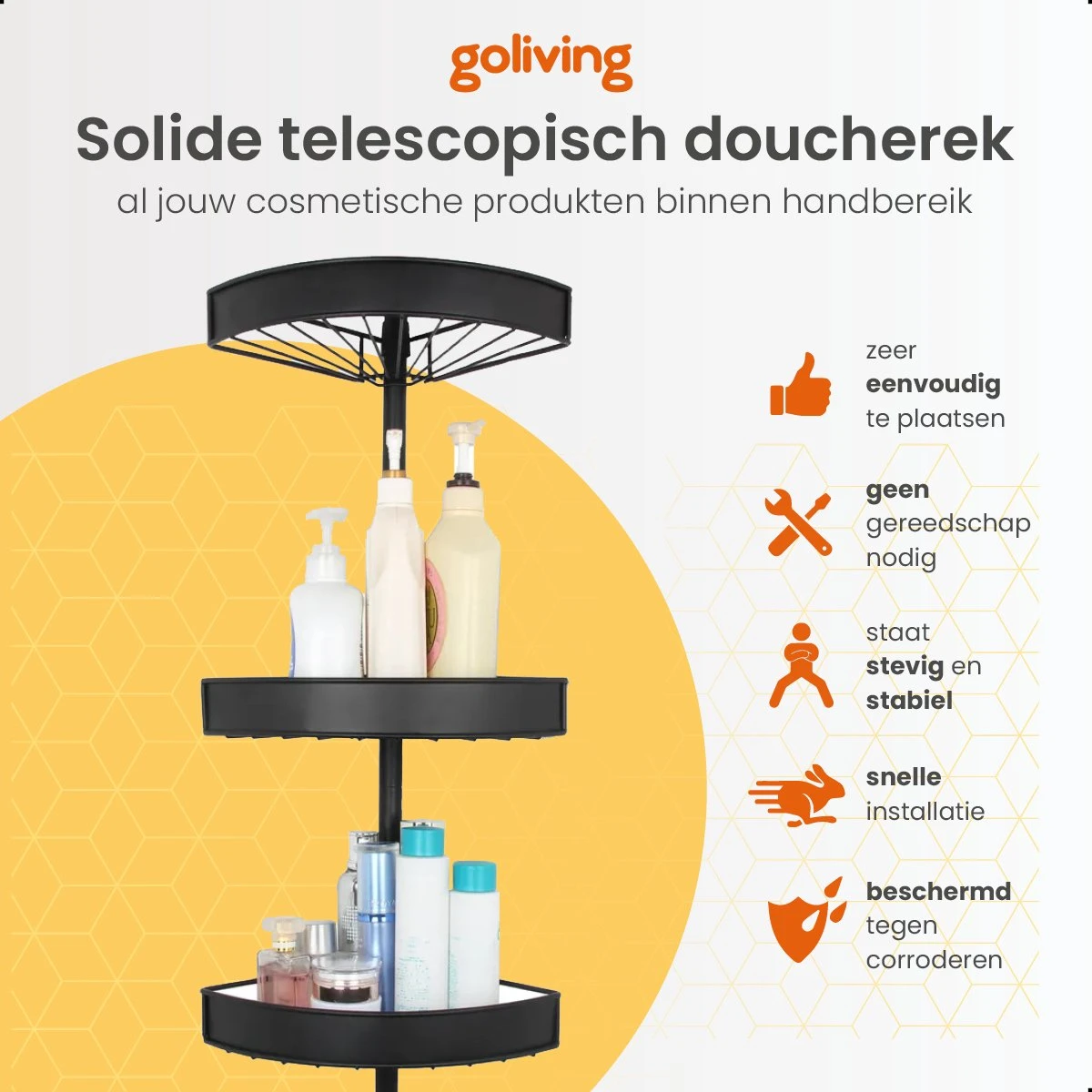 Goliving Doucherek - Doucherek Zonder Boren - Telescopisch Doucherek - Voor Plafonds Tot 2.9m Hoog - Dicht Design - Zwart 5 Goliving Doucherek - Doucherek Zonder Boren - Telescopisch Doucherek - Voor Plafonds Tot 2.9m Hoog - Dicht Design - Zwart - Afbeelding 3