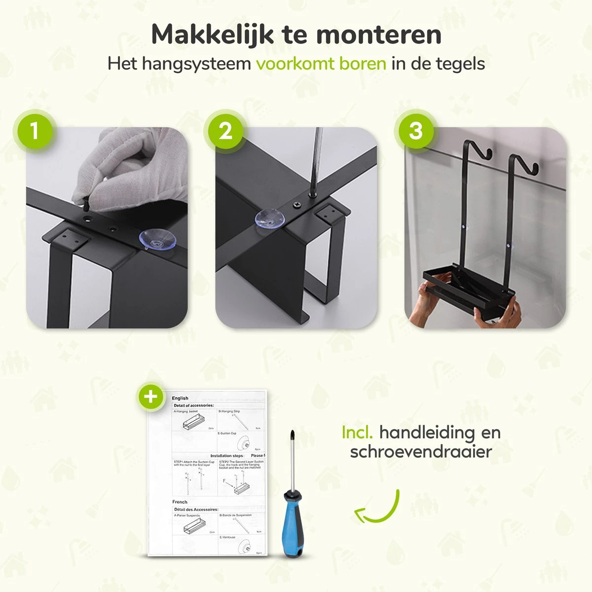 Doucherek Zonder Boren - Zwart - 2-Laags Doucherekje - Hangend Aan Douchewand 4 Doucherek Zonder Boren - Zwart - 2-Laags Doucherekje - Hangend Aan Douchewand - Afbeelding 2