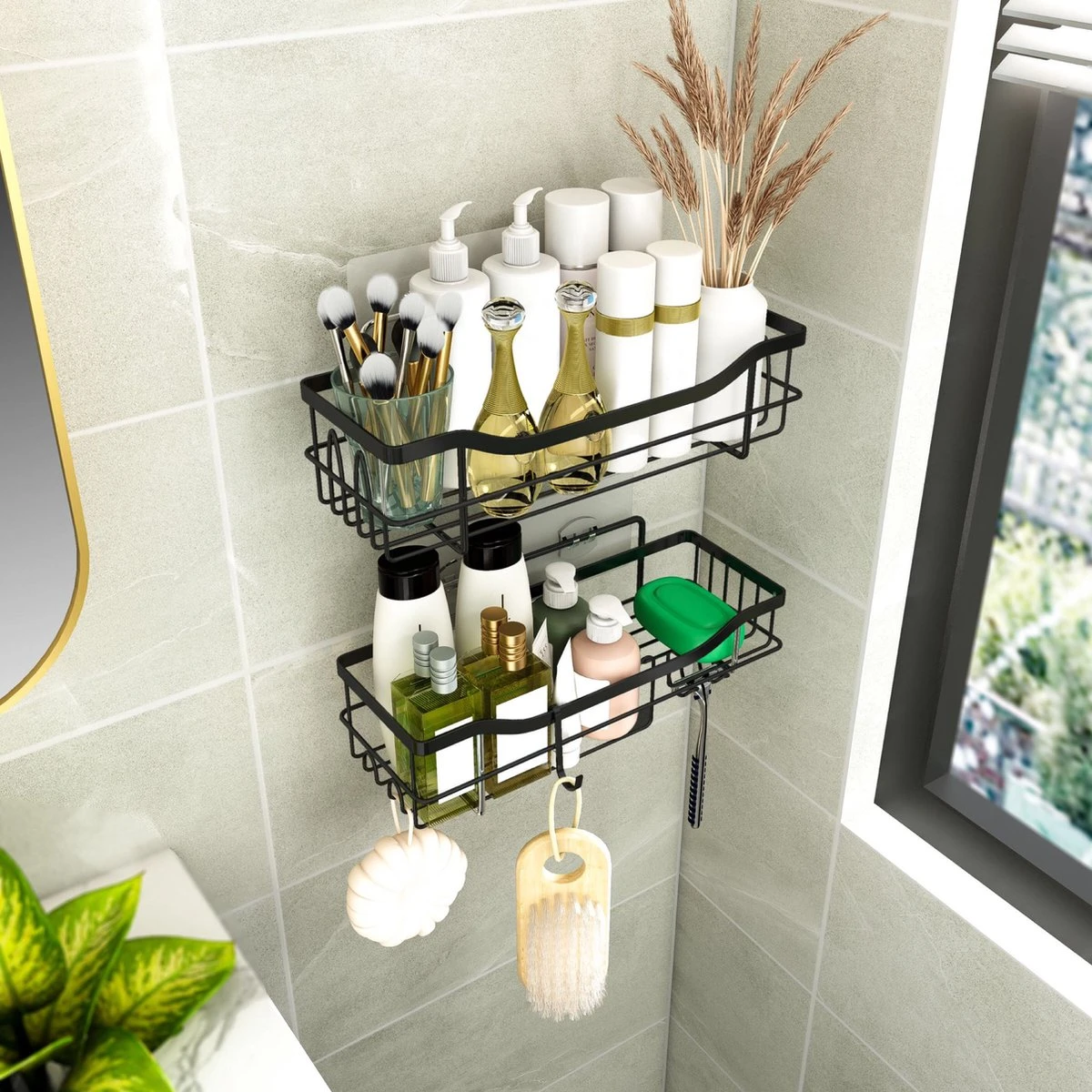 STRICX Doucherek 2 Laags Zwart - Zelfklevend Doucherek Inclusief 3 Ophanghaakjes - Doucherek Voor Badkamer / Keuken - Doucherek Met Plakstrip - Keukenrek Met Plakstrip - Badrek Douche - Kruidenrek Specerijen - Badkamerrek Douchemandje 17 STRICX Doucherek 2 Laags Zwart - Zelfklevend Doucherek Inclusief 3 Ophanghaakjes - Doucherek Voor Badkamer / Keuken - Doucherek Met Plakstrip - Keukenrek Met Plakstrip - Badrek Douche - Kruidenrek Specerijen - Badkamerrek Douchemandje - Afbeelding 15