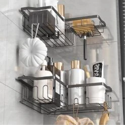 STRICX Doucherekhoek 2 Laags Zwart - Zonder Boren - Zelfklevend Doucherek - Doucherek - Doucherek Voor Badkamer/ Keuken - Doucherek Met Plakstrip - Keukenrek Met Plakstrip - Badrek Douche – Doucherek Hoekvorm - Badkamerrek Douchemandje -Badkamer Product Winkel 1200x1200 1653