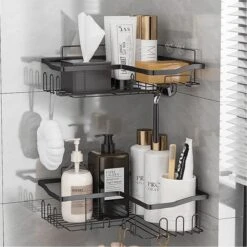 STRICX Doucherekhoek 2 Laags Zwart - Zonder Boren - Zelfklevend Doucherek - Doucherek - Doucherek Voor Badkamer/ Keuken - Doucherek Met Plakstrip - Keukenrek Met Plakstrip - Badrek Douche – Doucherek Hoekvorm - Badkamerrek Douchemandje -Badkamer Product Winkel 1200x1200 1654