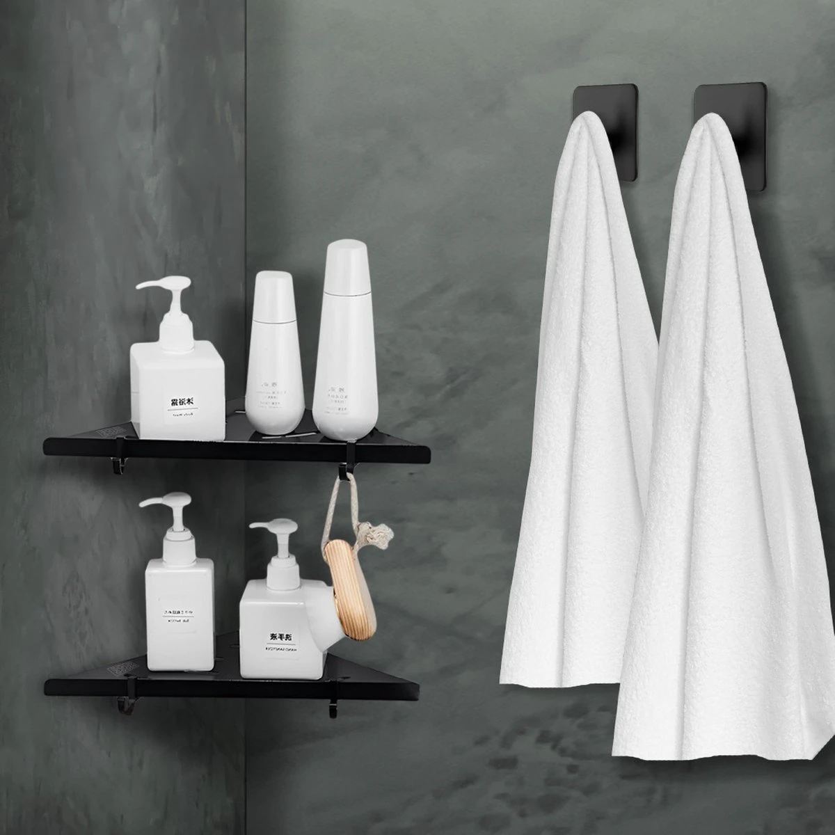 Dubbele Doucherek Zwart Zonder Boren – Sterke Lijmbasis - Badkamer Rek – Hoek – Doucherekjes – Incl. Schroeven – Incl. 2 Haken 7 Dubbele Doucherek Zwart Zonder Boren – Sterke Lijmbasis - Badkamer Rek – Hoek – Doucherekjes – Incl. Schroeven – Incl. 2 Haken - Afbeelding 5