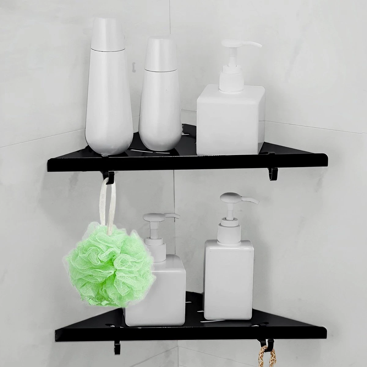 Dubbele Doucherek Zwart Zonder Boren – Sterke Lijmbasis - Badkamer Rek – Hoek – Doucherekjes – Incl. Schroeven – Incl. 2 Haken 10 Dubbele Doucherek Zwart Zonder Boren – Sterke Lijmbasis - Badkamer Rek – Hoek – Doucherekjes – Incl. Schroeven – Incl. 2 Haken - Afbeelding 8