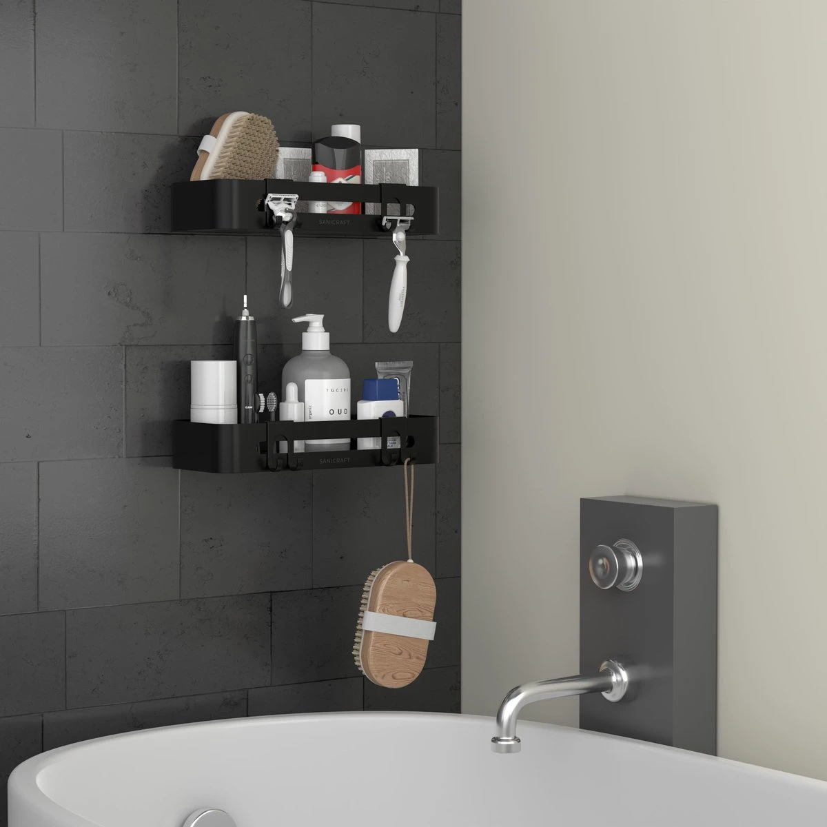 Doucherekje Van Sanicraft® - Doucherekje Zonder Boren - Geschikt Voor Elk Type Muur - Hangend - Roestvrij - 2 Stuks - Zwart 4 Doucherekje Van Sanicraft® - Doucherekje Zonder Boren - Geschikt Voor Elk Type Muur - Hangend - Roestvrij - 2 Stuks - Zwart - Afbeelding 2