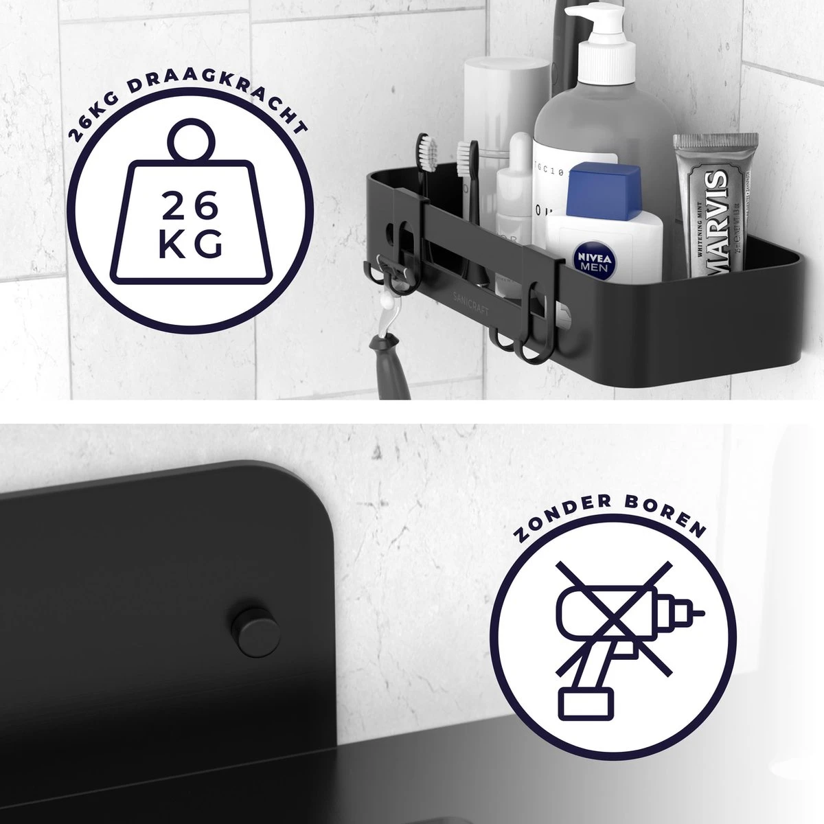 Doucherekje Van Sanicraft® - Doucherekje Zonder Boren - Geschikt Voor Elk Type Muur - Hangend - Roestvrij - 2 Stuks - Zwart 8 Doucherekje Van Sanicraft® - Doucherekje Zonder Boren - Geschikt Voor Elk Type Muur - Hangend - Roestvrij - 2 Stuks - Zwart - Afbeelding 6