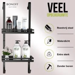 Bonoff Doucherek Zwart – 2 Laags - Doucherek Zonder Boren - Zwart – Doucherek Hangend - Badkamerrek –RVS – Badkamer Accessoires – Stijlvol 16 Bonoff Doucherek Zwart – 2 Laags - Doucherek Zonder Boren - Zwart – Doucherek Hangend - Badkamerrek –RVS – Badkamer Accessoires – Stijlvol -Badkamer Product Winkel 1200x1200 1757
