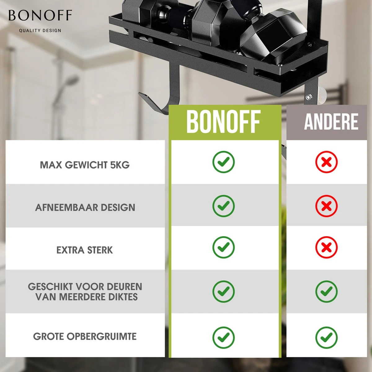 Bonoff Doucherek Zwart – 2 Laags - Doucherek Zonder Boren - Zwart – Doucherek Hangend - Badkamerrek –RVS – Badkamer Accessoires – Stijlvol 13 Bonoff Doucherek Zwart – 2 Laags - Doucherek Zonder Boren - Zwart – Doucherek Hangend - Badkamerrek –RVS – Badkamer Accessoires – Stijlvol - Afbeelding 11