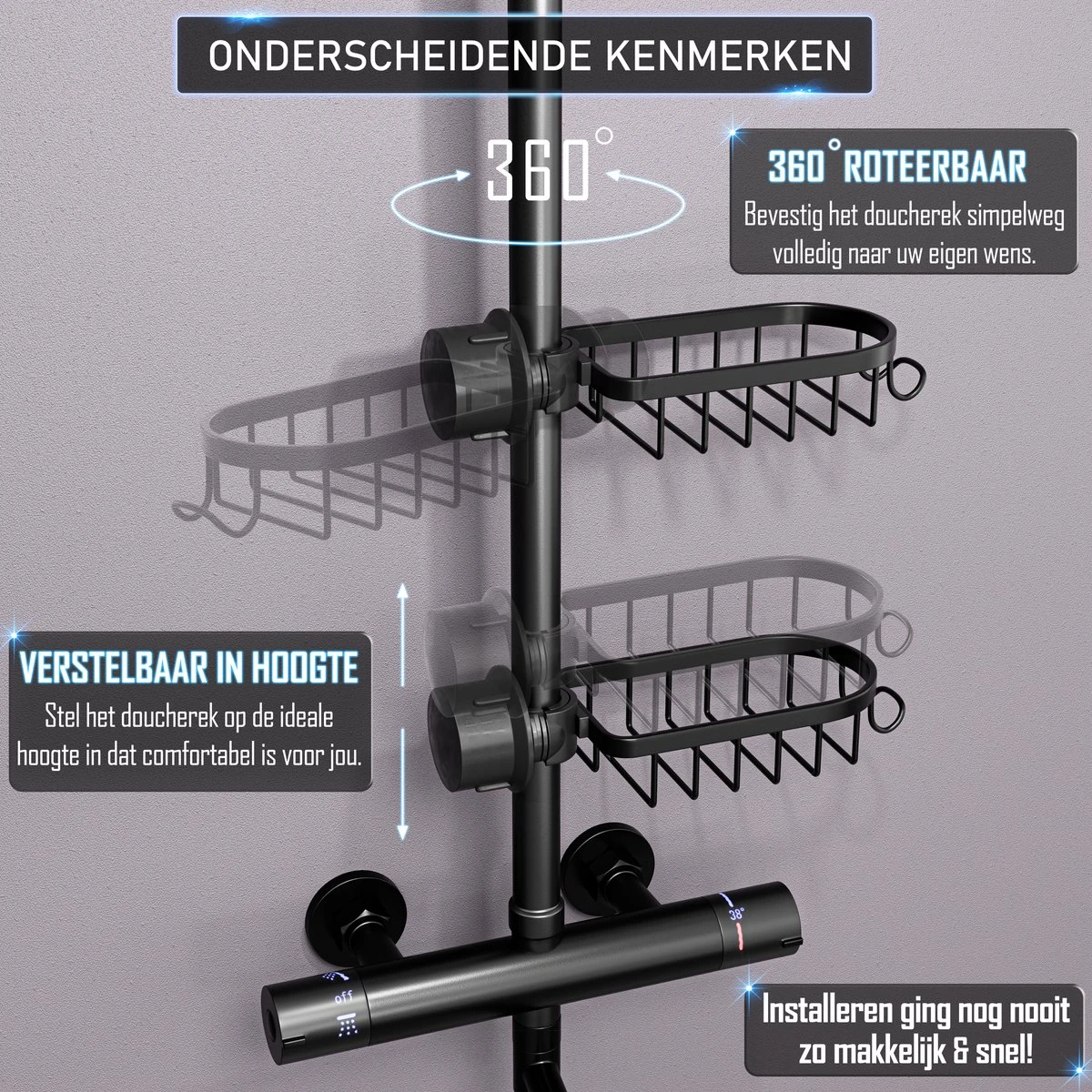 Nolad® - Doucherek Hangend - Doucherek Zonder Boren - Keukenrek - Gootsteen Organizer - Badkamer Accessoires - Zwart 6 Nolad® - Doucherek Hangend - Doucherek Zonder Boren - Keukenrek - Gootsteen Organizer - Badkamer Accessoires - Zwart - Afbeelding 4