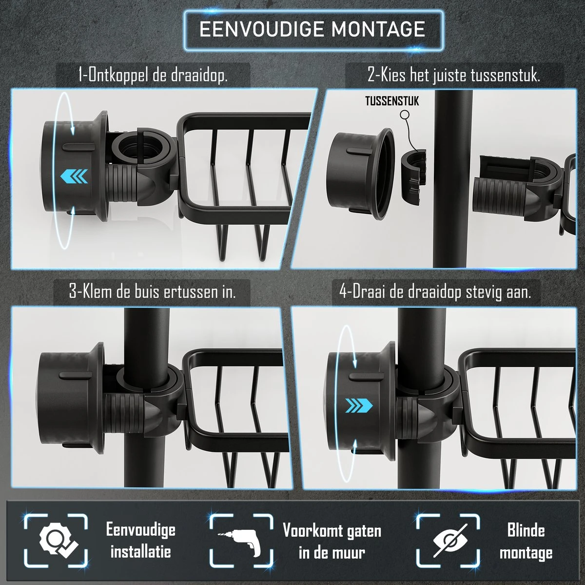 Nolad® - Doucherek Hangend - Doucherek Zonder Boren - Keukenrek - Gootsteen Organizer - Badkamer Accessoires - Zwart 9 Nolad® - Doucherek Hangend - Doucherek Zonder Boren - Keukenrek - Gootsteen Organizer - Badkamer Accessoires - Zwart - Afbeelding 7