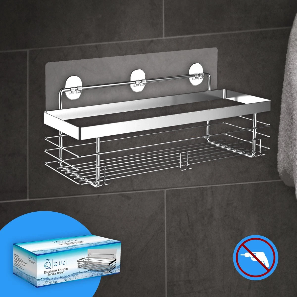 RVS Doucherek Zelfklevend Zonder Boren - Douchemand Hangend - 15KG Draagvermogen - Zilver/Chroom 3 RVS Doucherek Zelfklevend Zonder Boren - Douchemand Hangend - 15KG Draagvermogen - Zilver/Chroom