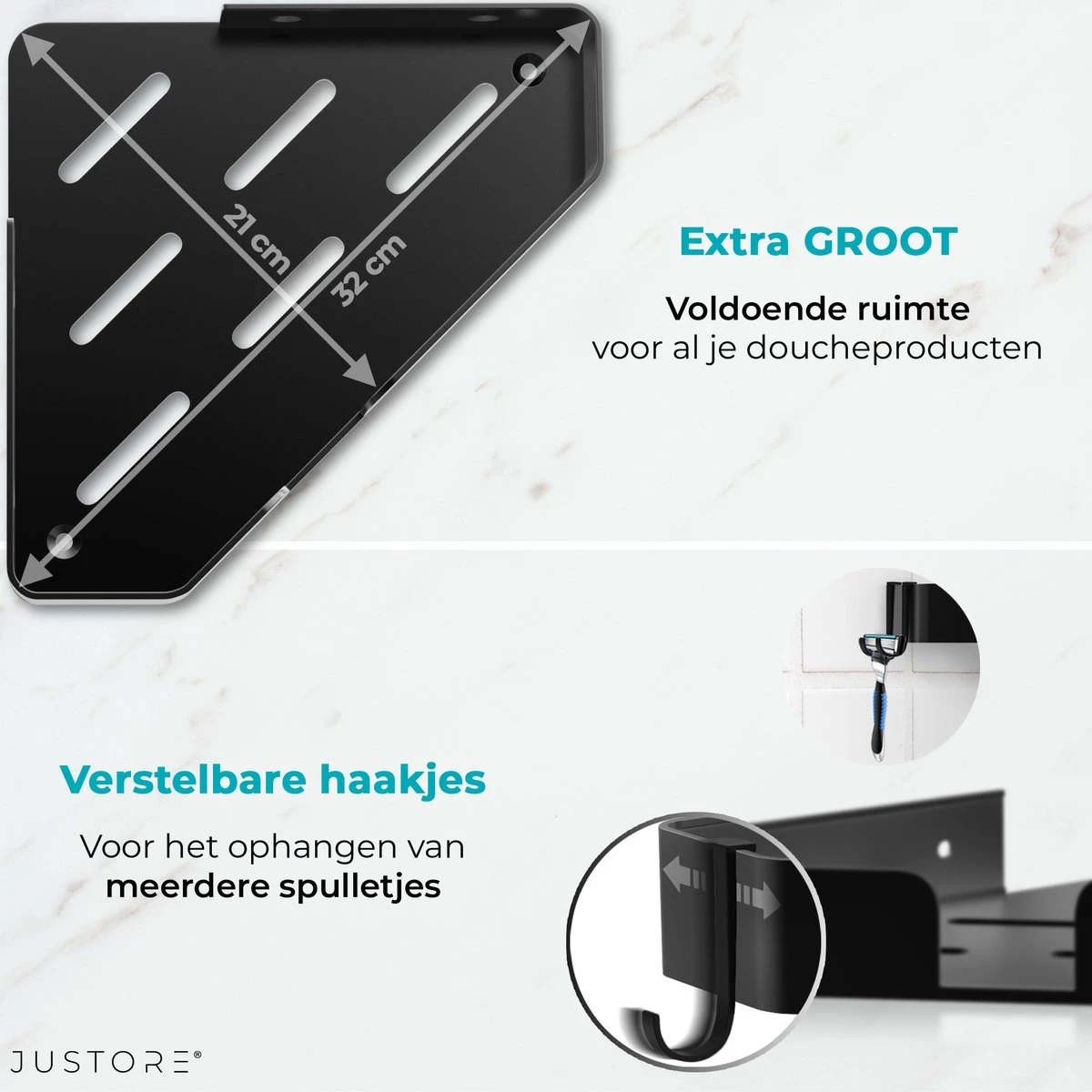 Luxe Doucherek Zonder Boren – 1/2/3 Laags – 32 Cm – Hangend – Aluminium – Zwart 6 Luxe Doucherek Zonder Boren – 1/2/3 Laags – 32 Cm – Hangend – Aluminium – Zwart - Afbeelding 4